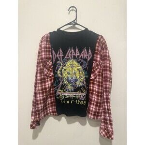 Reworked Upcycle Grunge Oversize Def Leppard Flannel Sweater M/L